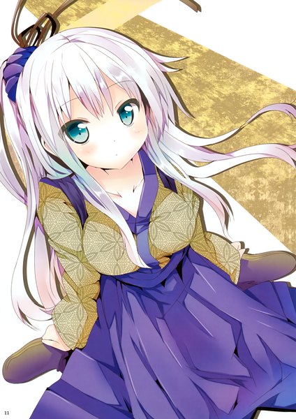 Anime picture 2471x3500 with mishima kurone single long hair tall image blush highres blue eyes white hair ponytail traditional clothes girl