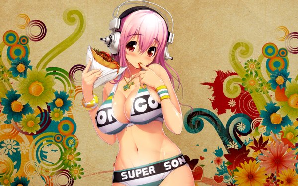 Anime picture 2560x1600 with nitroplus super sonico tsuji santa single long hair looking at viewer blush highres breasts light erotic red eyes wide image large breasts pink hair wallpaper eating girl navel flower (flowers) swimsuit