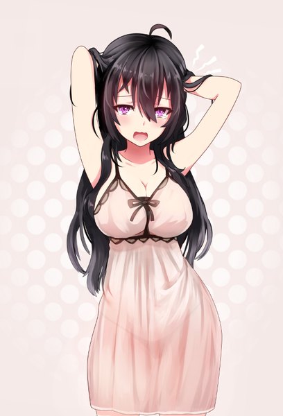 Anime picture 596x876 with original miyaura sanshio beifeng han single long hair tall image looking at viewer blush breasts open mouth light erotic black hair simple background hair between eyes large breasts standing purple eyes cleavage ahoge head tilt