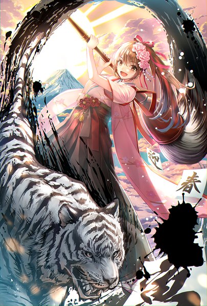 Anime picture 1200x1776 with original macha0331 single long hair tall image looking at viewer open mouth smile brown hair brown eyes ponytail traditional clothes japanese clothes mountain new year nengajou girl hair ornament animal kimono