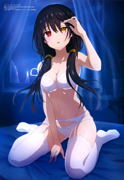 Anime picture 4094x5922 with date a live megami magazine tokisaki kurumi aqua inc. single long hair tall image looking at viewer blush fringe highres breasts open mouth light erotic black hair hair between eyes red eyes sitting twintails yellow eyes