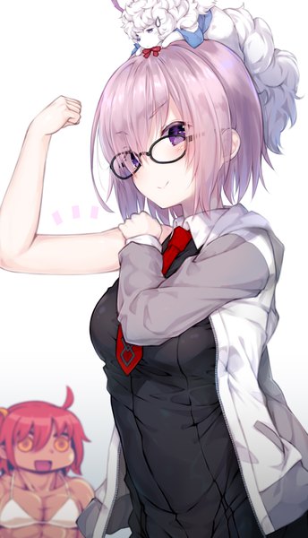 Anime picture 2270x3955 with fate (series) fate/grand order mash kyrielight fujimaru ritsuka (female) fou (fate) katoroku tall image blush fringe highres short hair open mouth simple background smile white background purple eyes multiple girls purple hair ahoge red hair