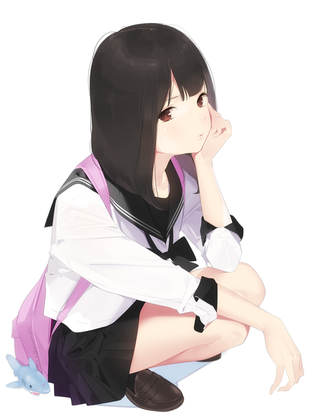Anime picture 830x1100 with original ama mitsuki single long hair tall image looking at viewer blush fringe black hair simple background white background brown eyes full body squat chin rest girl skirt uniform miniskirt socks