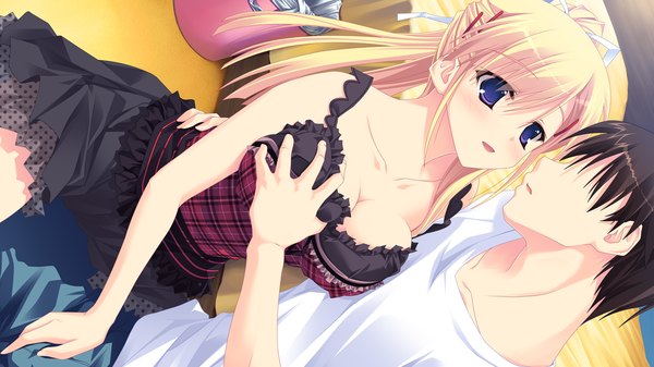Anime picture 1280x720 with amakan (game) takashina natsumi long hair light erotic blonde hair wide image purple eyes game cg couple breast grab girl dress boy hair ornament hairclip