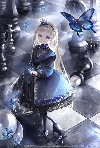 Anime picture 1034x1529 with alice in wonderland alice (alice in wonderland) hane segawa single tall image looking at viewer fringe blue eyes blonde hair standing full body blunt bangs long sleeves very long hair checkered floor lolita fashion floor goth-loli girl dress