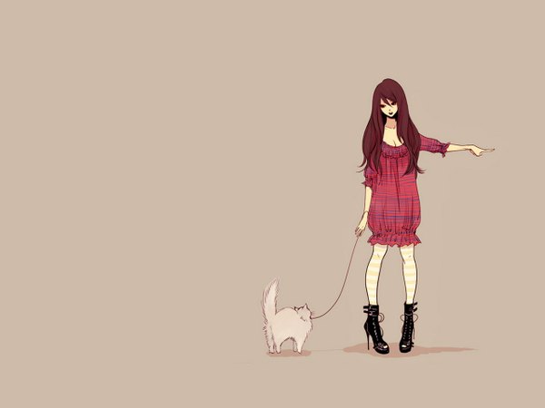 Anime picture 1280x960 with takenaka single long hair simple background brown hair standing high heels striped pointing brown background girl thighhighs dress pantyhose boots cat striped thighhighs red dress lead striped pantyhose