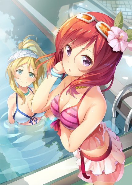 Anime picture 715x1000 with love live! school idol project sunrise (studio) love live! nishikino maki ayase eli takasaka donten long hair tall image looking at viewer blush breasts light erotic blonde hair smile purple eyes multiple girls cleavage ponytail red hair hair flower