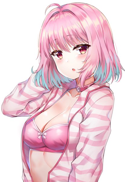 Anime picture 1844x2679 with idolmaster idolmaster cinderella girls yumemi riamu nyung single tall image blush highres short hair breasts open mouth light erotic simple background large breasts looking away pink hair upper body ahoge pink eyes multicolored hair