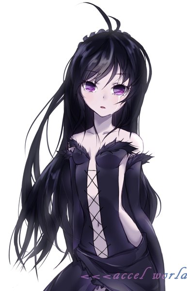Anime picture 1288x2000 with accel world sunrise (studio) kuroyukihime takka (aegis9294) single long hair tall image looking at viewer fringe breasts open mouth black hair simple background standing white background purple eyes bare shoulders tears crying girl