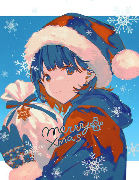 Anime picture 771x1000 with original horiizumi inko single tall image short hair red eyes blue hair upper body multicolored hair christmas blue background colored inner hair outside border merry christmas polychromatic girl gloves hat earrings gift