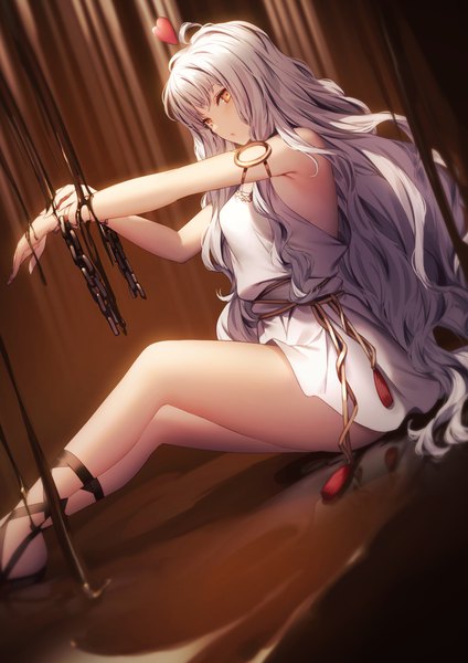 Anime picture 1400x1980 with fate (series) fate/grand order caren hortensia caren hortensia (amor caren) kyouya (mukuro238) single long hair tall image looking at viewer fringe light erotic sitting yellow eyes silver hair ahoge bent knee (knees) blunt bangs sleeveless outstretched arm wavy hair