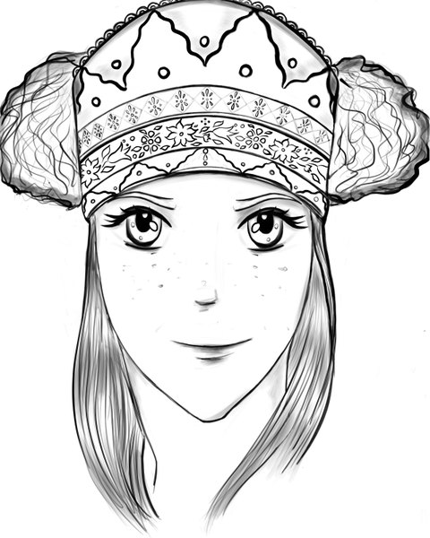 Anime picture 4724x5906 with tagme (copyright) tagme (artist) single long hair tall image looking at viewer highres simple background smile white background absurdres monochrome portrait freckles sketch bad anatomy girl headdress