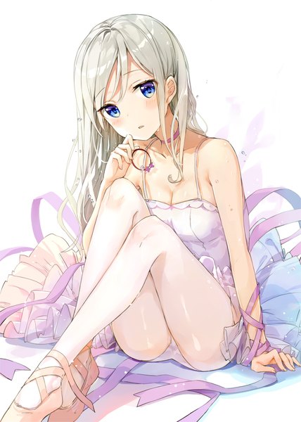 Anime picture 713x1000 with original fuumi (radial engine) single long hair tall image looking at viewer blush fringe breasts open mouth blue eyes light erotic simple background sitting bare shoulders holding cleavage bent knee (knees) head tilt grey hair