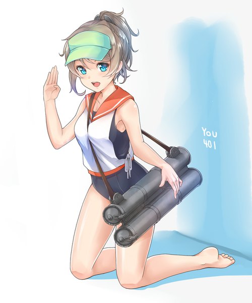 Anime picture 1500x1800 with kantai collection love live! sunshine!! sunrise (studio) love live! watanabe you i-401 aircraft carrying submarine kanabun single tall image looking at viewer short hair open mouth blue eyes light erotic simple background brown hair bare shoulders full body ponytail barefoot