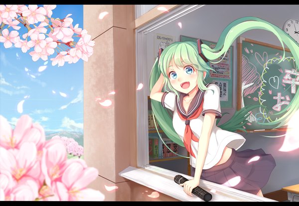 Anime picture 1893x1310 with vocaloid hatsune miku igayan single looking at viewer highres breasts open mouth blue eyes standing twintails sky cloud (clouds) indoors very long hair pleated skirt wind aqua hair arm support alternate costume