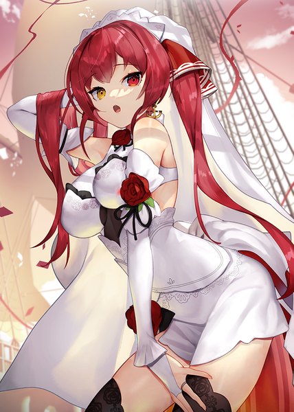 Anime picture 714x1000 with virtual youtuber hololive houshou marine scottie (phantom2) single long hair tall image looking at viewer blush fringe breasts open mouth red eyes large breasts standing twintails yellow eyes payot sky cloud (clouds)