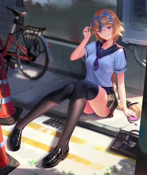 Anime picture 1000x1194 with fate (series) fate/grand order jeanne d'arc (fate) (all) jeanne d'arc (fate) dongfangzhong111 single long hair tall image looking at viewer fringe breasts light erotic blonde hair hair between eyes sitting purple eyes full body bent knee (knees) outdoors braid (braids)
