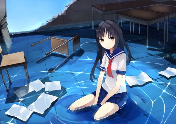 Anime picture 1062x751 with original mazonano (artist) single long hair looking at viewer black hair sitting brown eyes partially submerged classroom destruction girl water serafuku chair paper desk