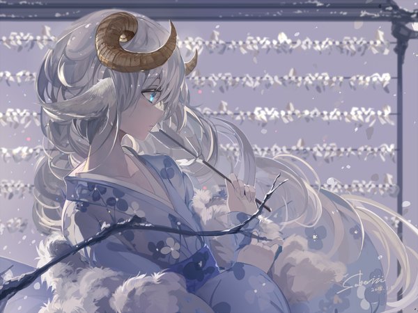 Anime picture 1080x811 with original saberiii single long hair blue eyes signed animal ears looking away silver hair traditional clothes japanese clothes horn (horns) new year happy new year 2015 sheep girl girl kimono fur branch