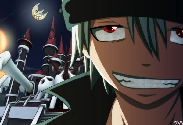 Anime picture 1082x739 with soul eater studio bones soul eater evans single looking at viewer short hair smile red eyes silver hair night grin face crescent boy bandana castle