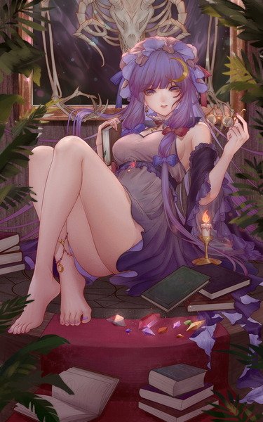 Anime picture 2000x3200 with touhou patchouli knowledge gyokudama (niku) single long hair tall image looking at viewer highres light erotic purple eyes purple hair full body indoors barefoot bare legs tress ribbon eyewear removed girl bow hair bow