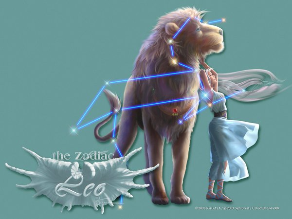 Anime picture 1600x1200 with kagaya long hair simple background silver hair realistic looking up 3d zodiac leo (zodiac) girl animal jewelry lion