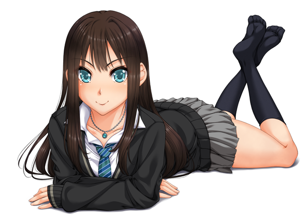 Anime picture 1052x744 with idolmaster idolmaster cinderella girls shibuya rin chiro (pixiv) single long hair looking at viewer blush blue eyes black hair simple background smile white background lying legs crossed legs on stomach girl skirt uniform