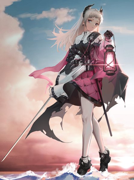 Anime picture 1500x2018 with arknights irene (arknights) riri kuri single long hair tall image looking at viewer holding sky silver hair cloud (clouds) full body outdoors horn (horns) grey eyes turning head girl dress gloves weapon