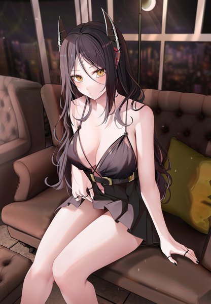 Anime picture 4300x6203 with arknights ines (arknights) ru zhai single long hair tall image looking at viewer blush fringe highres breasts light erotic black hair hair between eyes large breasts sitting bare shoulders yellow eyes absurdres cleavage