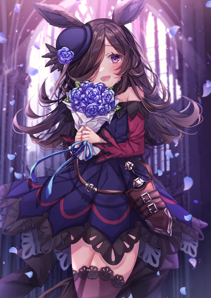 Anime picture 2508x3541 with umamusume rice shower (umamusume) sorashima (117) single long hair tall image looking at viewer blush highres open mouth brown hair purple eyes animal ears indoors :d horse ears girl thighhighs dress flower (flowers)