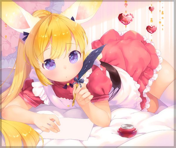Anime picture 800x675 with original mutou mato single long hair looking at viewer blush fringe blonde hair purple eyes animal ears ponytail lying bunny ears puffy sleeves girl thighhighs dress white thighhighs frills heart