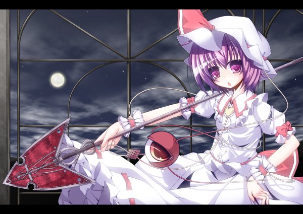 Anime picture 1200x850 with touhou remilia scarlet komeiji satori futase hijiri (artist) single short hair purple eyes purple hair cloud (clouds) loli letterboxed cosplay remilia scarlet (cosplay) girl dress moon