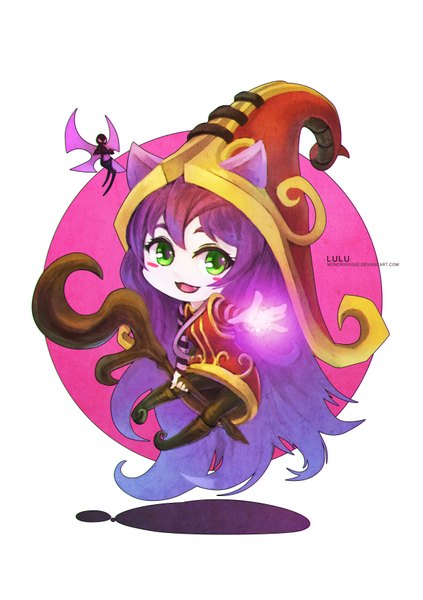 Anime picture 2476x3508 with league of legends lulu (league of legends) monori rogue single tall image blush highres simple background smile white background green eyes animal ears purple hair very long hair girl hat pantyhose staff