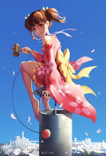 Anime picture 765x1125 with koutetsujou no kabaneri wit studio mumei (kabaneri) mool yueguang single tall image short hair red eyes brown hair twintails traditional clothes japanese clothes barefoot off shoulder bare legs legs short twintails girl ribbon (ribbons) petals