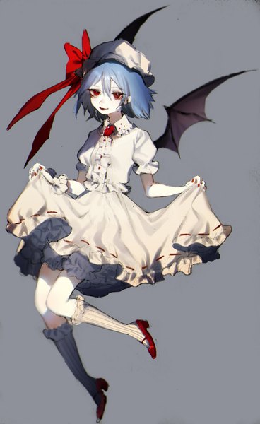 Anime picture 980x1600 with touhou remilia scarlet tian (my dear) single tall image looking at viewer fringe short hair simple background hair between eyes red eyes blue hair full body nail polish grey background puffy sleeves bat wings red nail polish girl dress