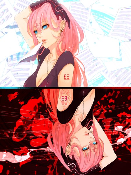 Anime picture 1500x2000 with vocaloid megurine luka hebi (yurari) long hair tall image blue eyes multiple girls pink hair aqua eyes tattoo piercing mouth hold smoking dual persona girl gloves 2 girls jewelry paper