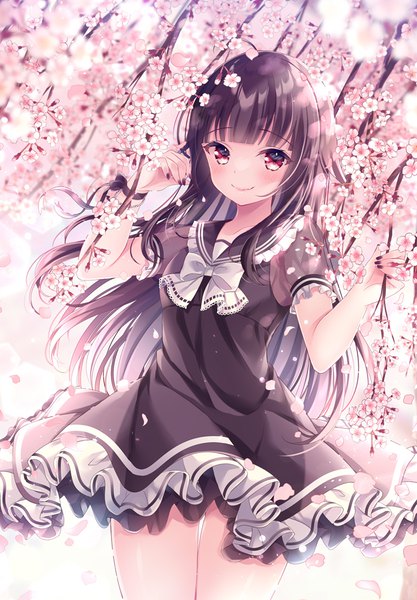 Anime picture 695x1000 with original nemuri nemu single long hair tall image looking at viewer blush fringe black hair smile red eyes standing payot ahoge outdoors blunt bangs nail polish wind arms up short sleeves