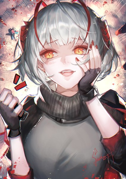 Anime-Bild 1800x2546 mit arknights w (arknights) spade-m single tall image looking at viewer blush fringe highres short hair breasts open mouth smile holding signed upper body ahoge blunt bangs nail polish :d