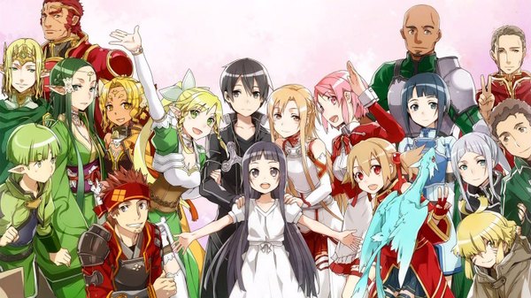 Anime picture 1440x810 with sword art online a-1 pictures yuuki asuna kirigaya kazuto leafa silica yui (sao) lisbeth pina (sao) ryoutarou tsuboi sachi (sao) agil sakuya (sao) heathcliff alicia rue oberon (sao) yuujin rekon sinker yuriel