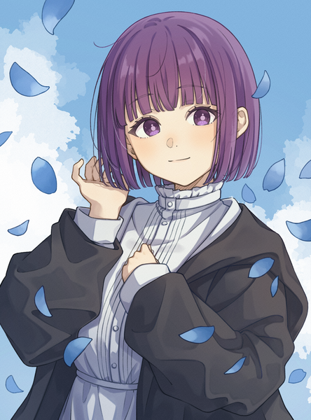 Anime picture 2040x2756 with sousou no frieren fern (sousou no frieren) ene mizunoawa single tall image looking at viewer blush fringe highres short hair purple eyes sky purple hair cloud (clouds) upper body outdoors blunt bangs arm up light smile alternate hairstyle