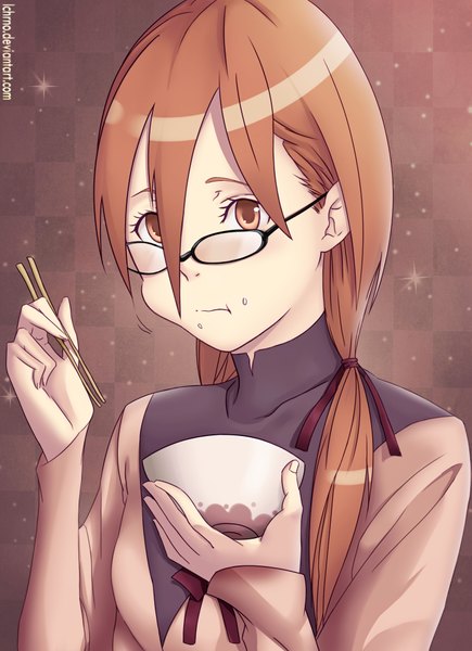 Anime picture 1450x2000 with pixelita (manga) lchrno single long hair tall image looking at viewer brown hair brown eyes signed eating girl glasses food clothes chopsticks rice