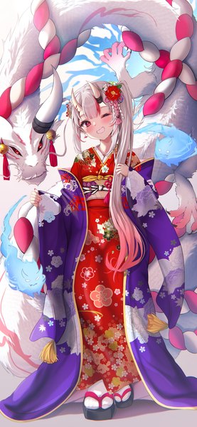 Anime picture 2484x5376 with virtual youtuber hololive nakiri ayame terra bose single long hair tall image looking at viewer blush fringe highres smile red eyes silver hair full body traditional clothes japanese clothes one eye closed horn (horns) wink