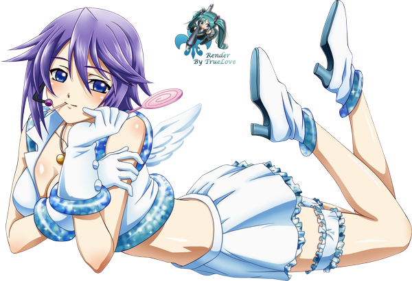 Anime picture 1664x1139 with rosario+vampire shirayuki mizore truelove (artist) single looking at viewer blush short hair blue eyes smile bare shoulders purple hair legs transparent background on stomach angel wings girl skirt gloves miniskirt shoes