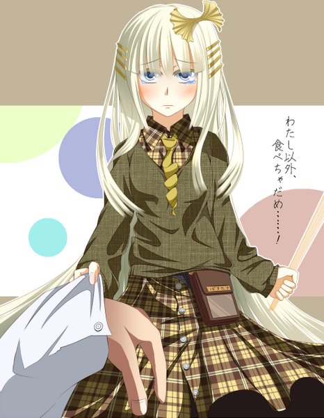 Anime picture 1000x1285 with original karube karu long hair tall image blush blue eyes white hair tears girl dress skirt hair ornament sweater hand
