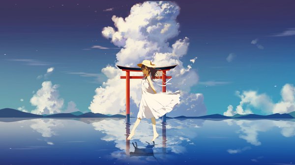 Anime picture 1920x1080 with original zhibuji loom single long hair looking at viewer fringe highres hair between eyes brown hair wide image brown eyes sky cloud (clouds) full body outdoors barefoot wind wallpaper sleeveless reflection