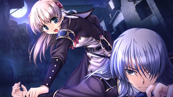 Anime picture 1280x720 with aiyoku no eustia fione silvaria long hair open mouth blue eyes brown hair wide image game cg grey hair girl boy moon