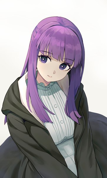 Anime picture 2120x3500 with sousou no frieren fern (sousou no frieren) kirarin369 single long hair tall image fringe highres simple background white background purple eyes looking away purple hair blunt bangs girl