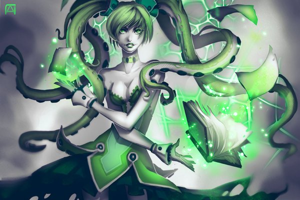 Anime picture 1296x864 with pechan (artist) single looking at viewer short hair light erotic bare shoulders green eyes green hair monochrome girl book (books) tentacles stitches