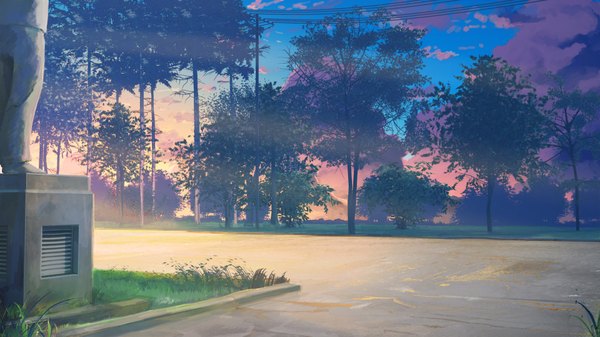 Anime picture 1920x1080 with everlasting summer iichan eroge arsenixc vvcephei highres wide image game cg cloud (clouds) sunlight wallpaper no people scenic morning collaboration plant (plants) tree (trees) building (buildings) grass power lines statue