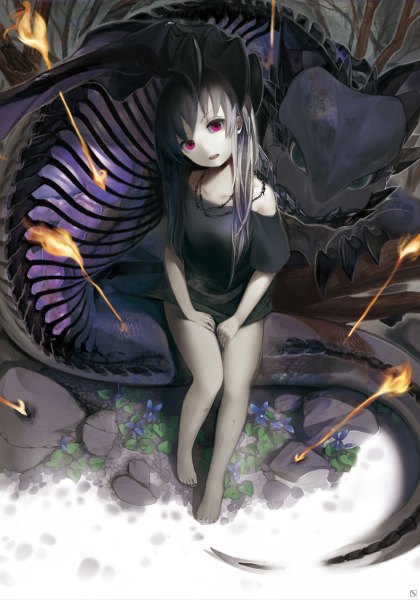 Anime picture 840x1200 with original thinnesta single long hair tall image looking at viewer sitting purple eyes barefoot grey hair legs girl dress dragon